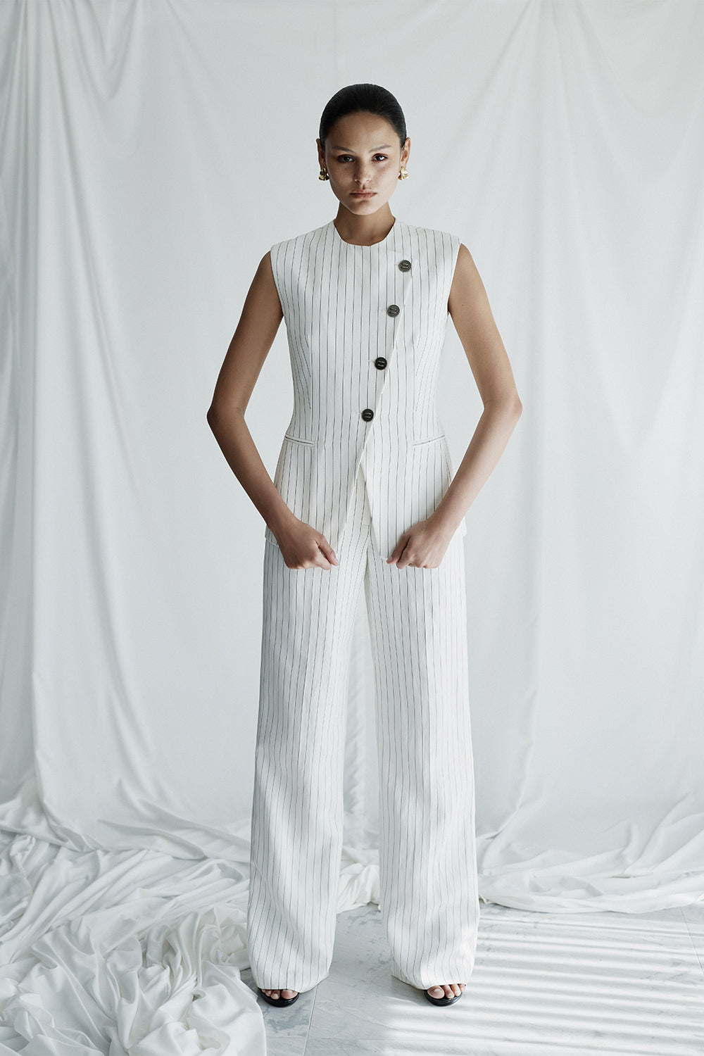 Carla Zampatti Pinstripe Linen Asymmetric Vest (Ivory)