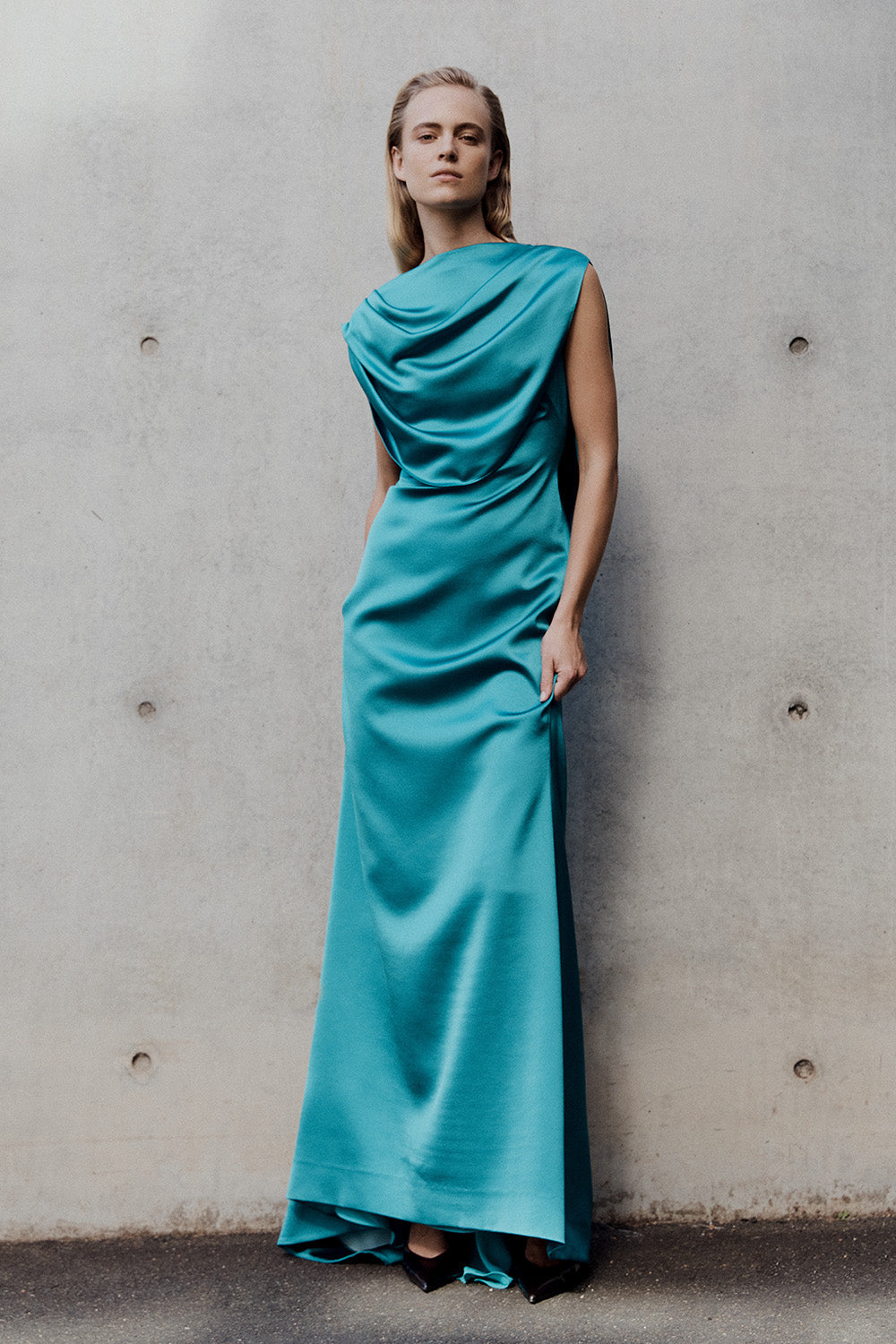 Carla Zampatti Viridian Lustre Satin Shoulder Drape Gown (Green)