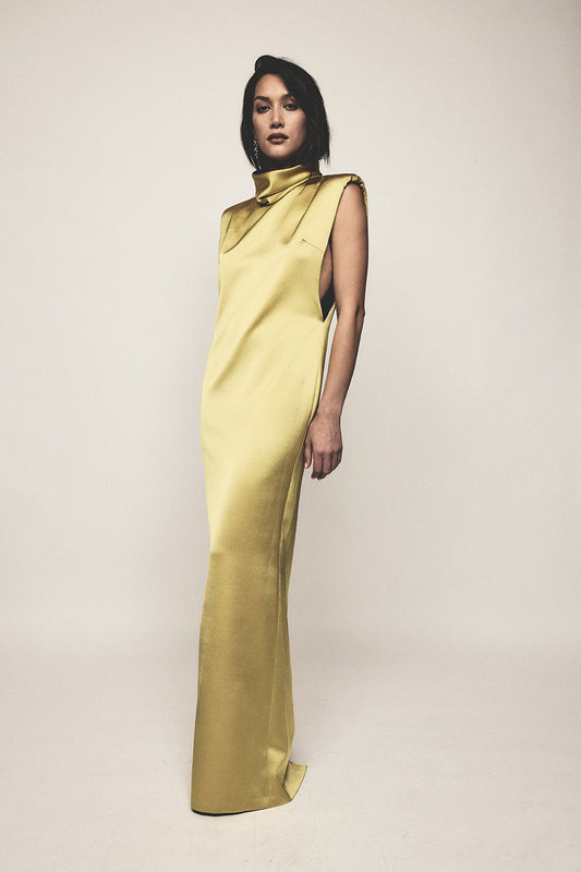 Carla Zampatti Pear Lustre Satin High Neck Gown (Green)