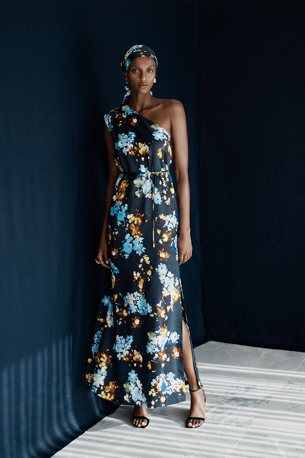 Carla Zampatti Midnight Botanica Viscose Twill One Shoulder Dress (Navy)
