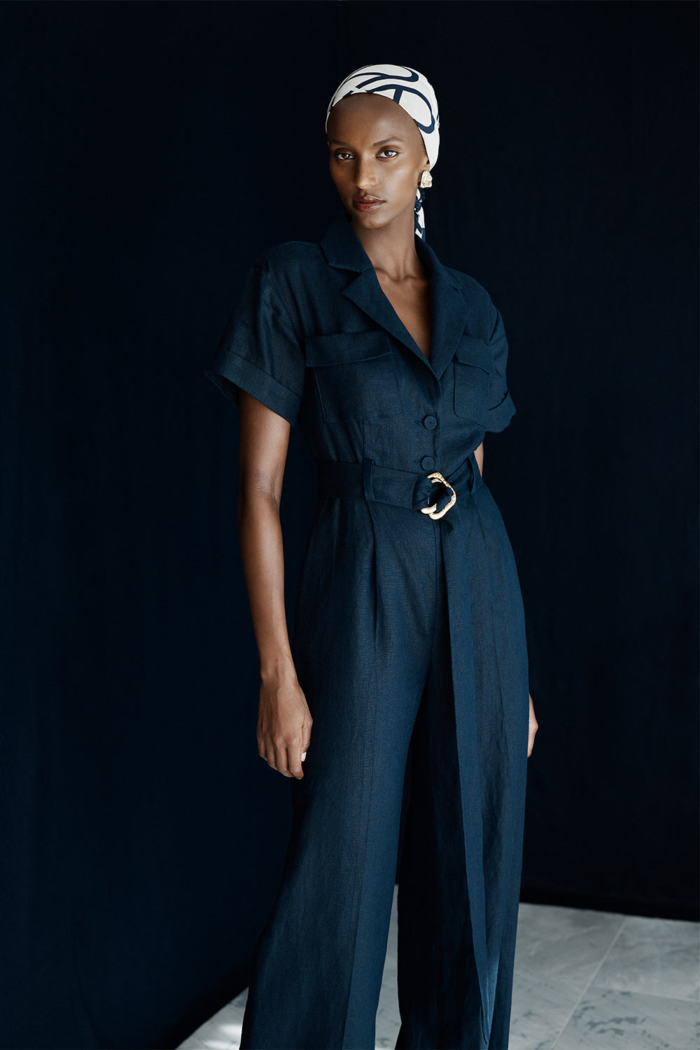 Carla Zampatti Linen Utility Belted Jumpsuit (Navy)