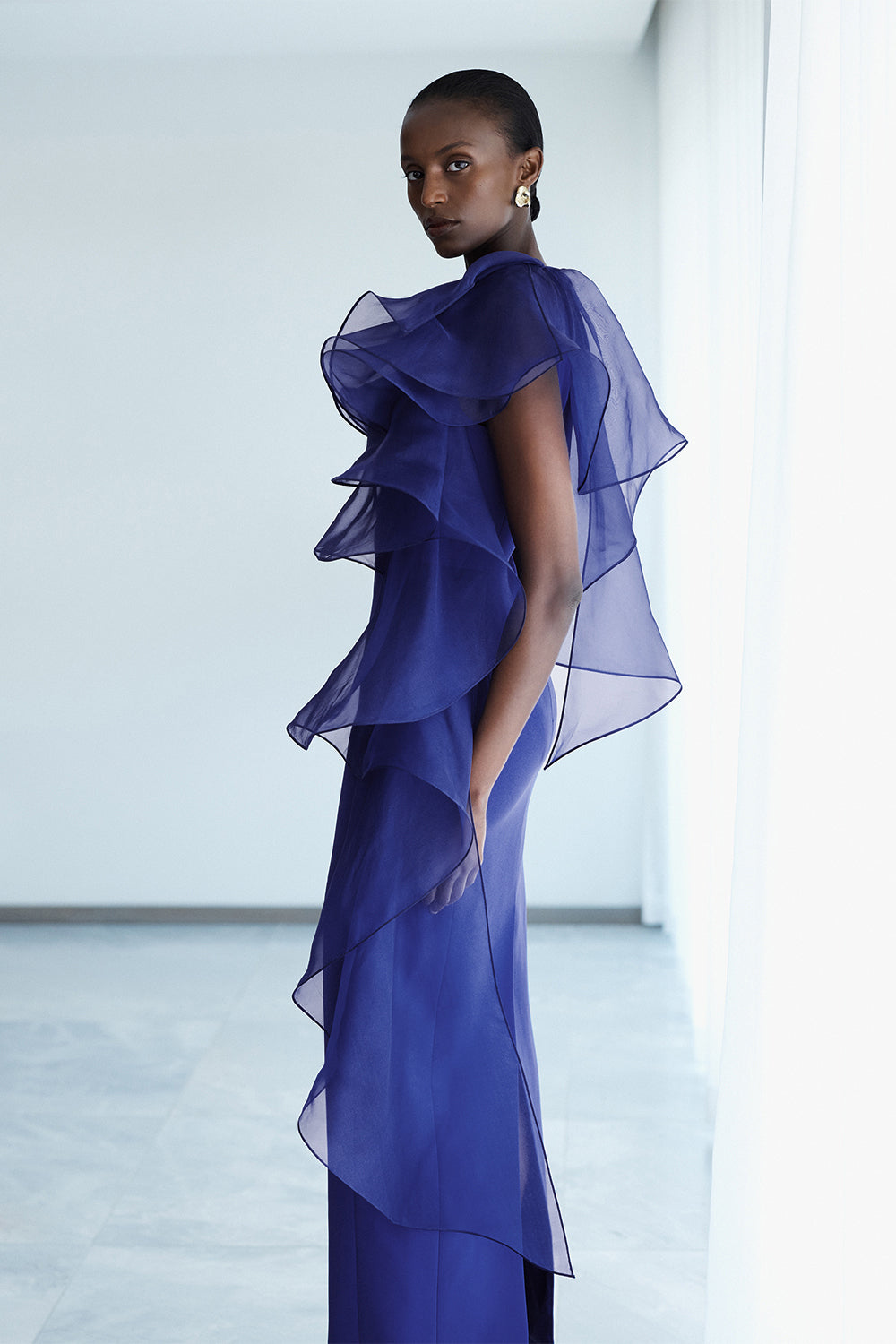 Carla Zampatti Violet Crepe Ruffle Shoulder Gown (Blue)