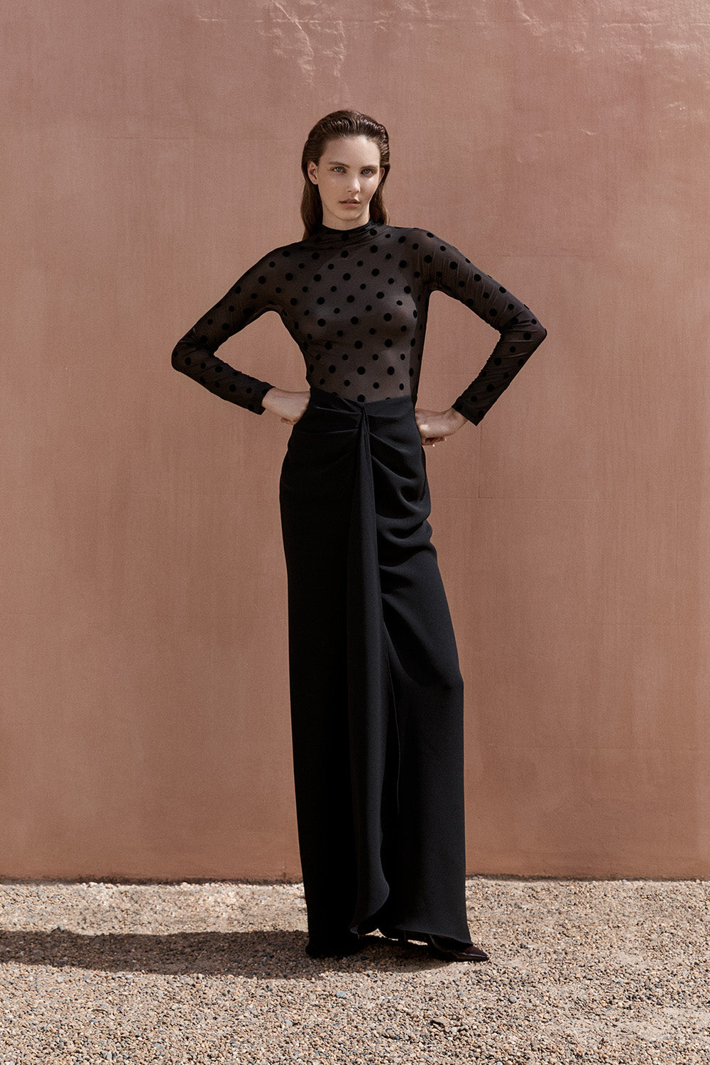 Carla Zampatti Mesh Spot Contrast Gown (Black)