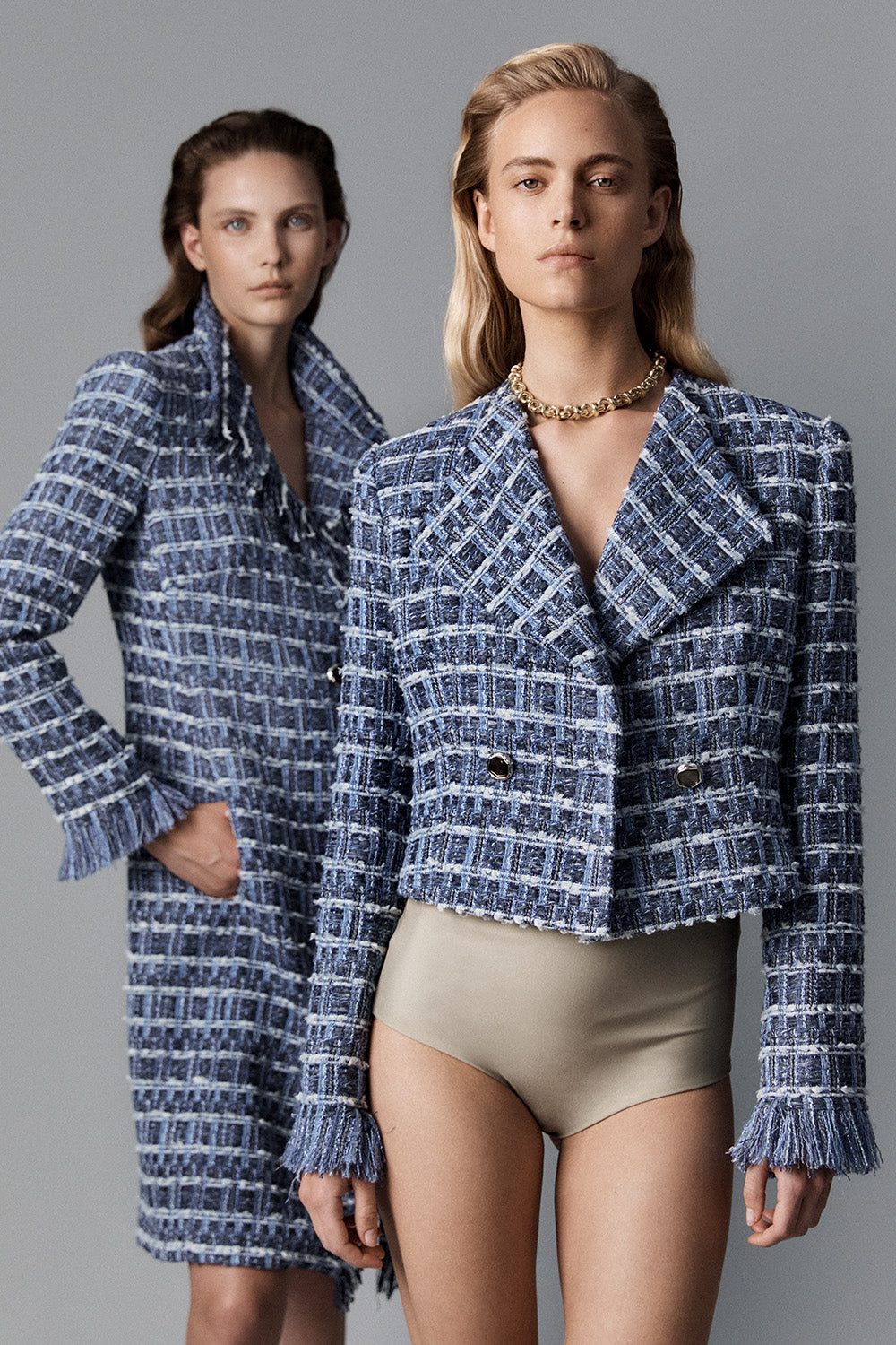 Carla Zampatti Royal Metallic Check Tweed Fringed Coat (Blue)