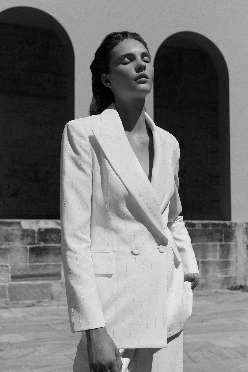 Carla Zampatti Ivory Starlight Twill Double Breasted Blazer (White)
