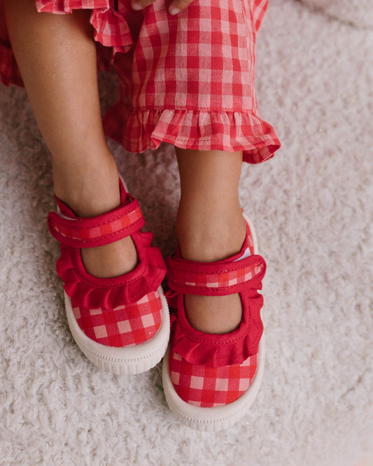 Walnut Melbourne Mary Jane Frill Canvas (Pink Red Gingham)