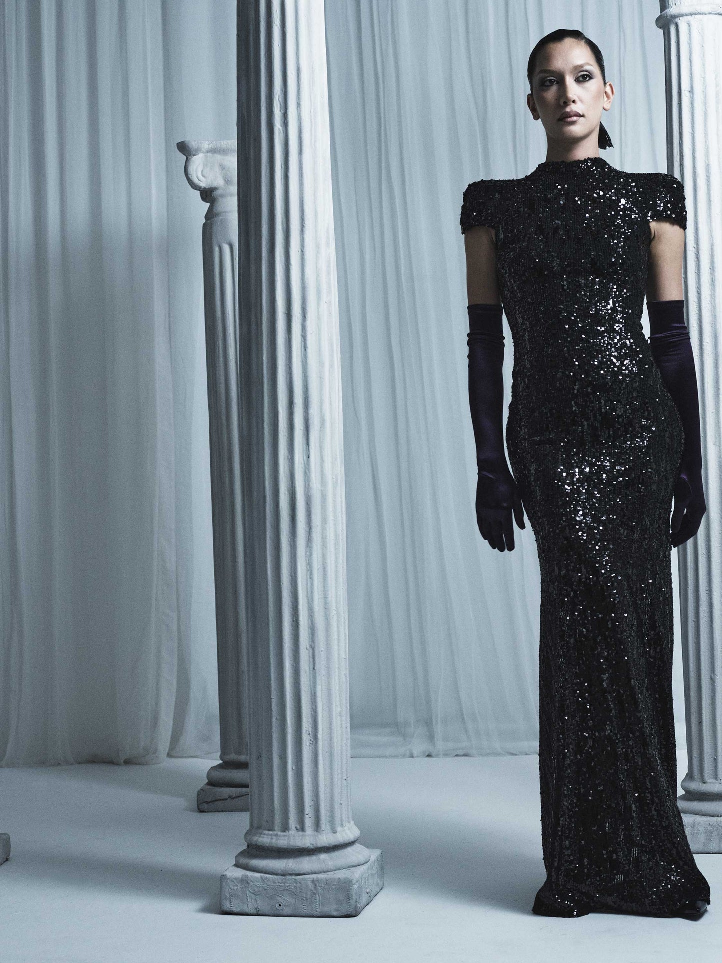 Carla Zampatti Cascade Sequin Raglan Sleeve Gown (Black)