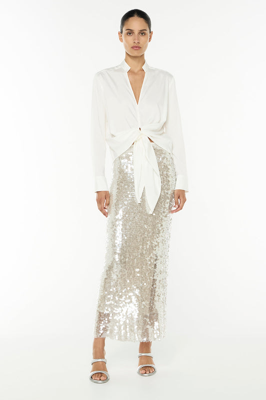 Image of a model wearing Tops. Productname: Cupids Bow Tie Shirt in Ivory colour by brand - Manning Cartell