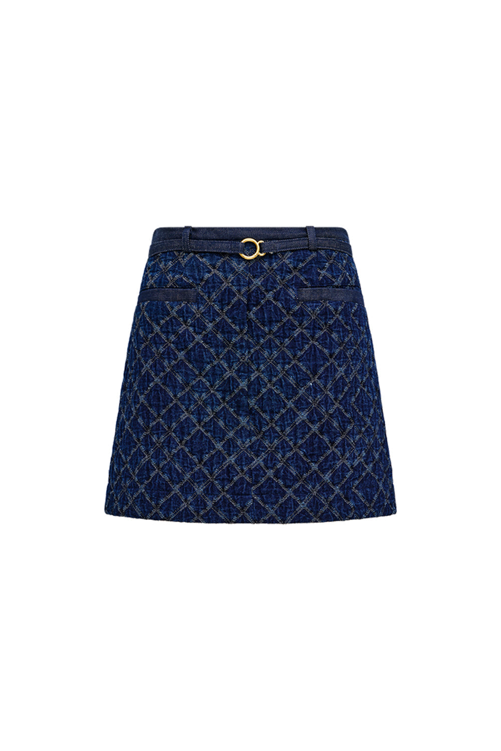 Image of a model wearing Skirts. Product name - Quilted Denim Mini Skirt in Blue colour by brand - MANNING CARTELL