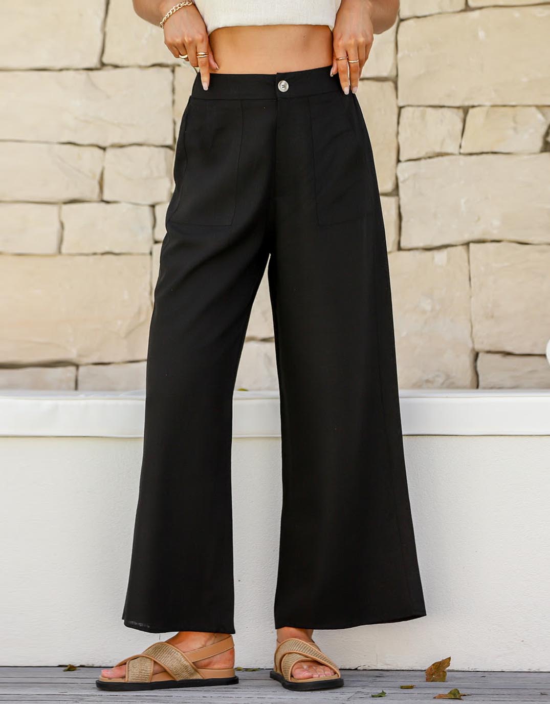 132 Fashion Anika Wide Leg Linen Pant (Black)