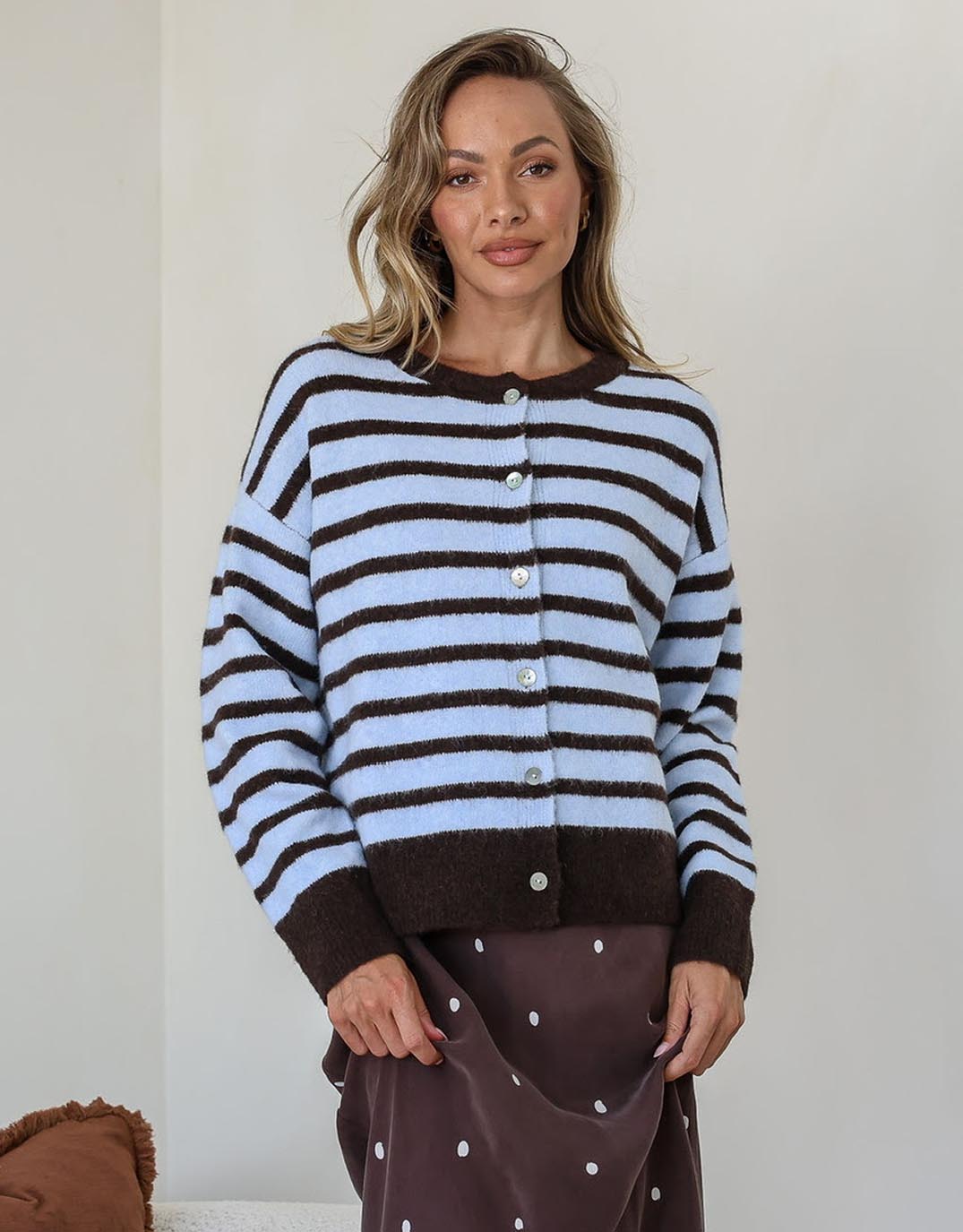132 Fashion Eliza Stripe Cardi (Pale Blue/Chocolate)