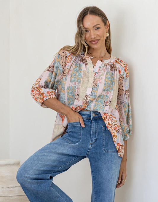 132 Fashion Malta Blouse (Pink/Green/Tan)