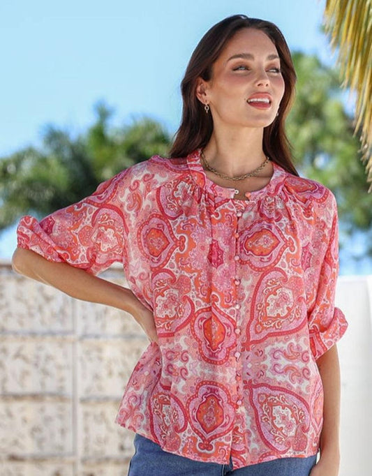 Malta Blouse - (Red/Pink Paisley)