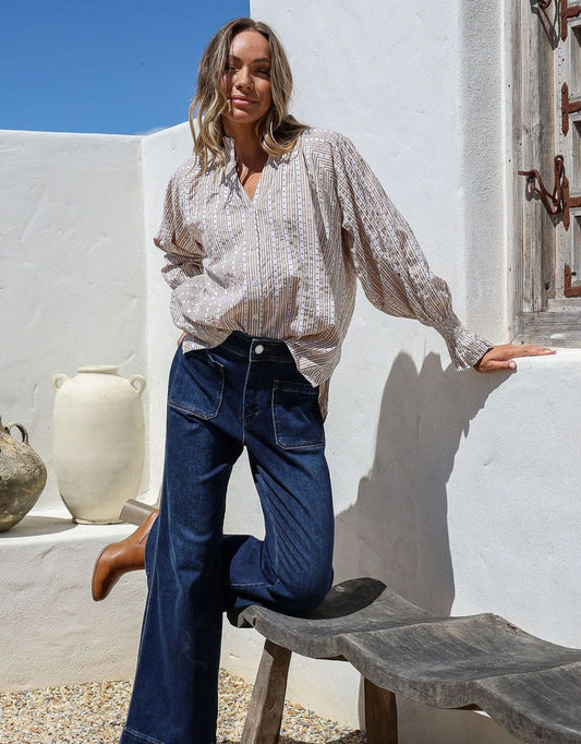 Mila Heart Stripe Blouse - (Latte/White)