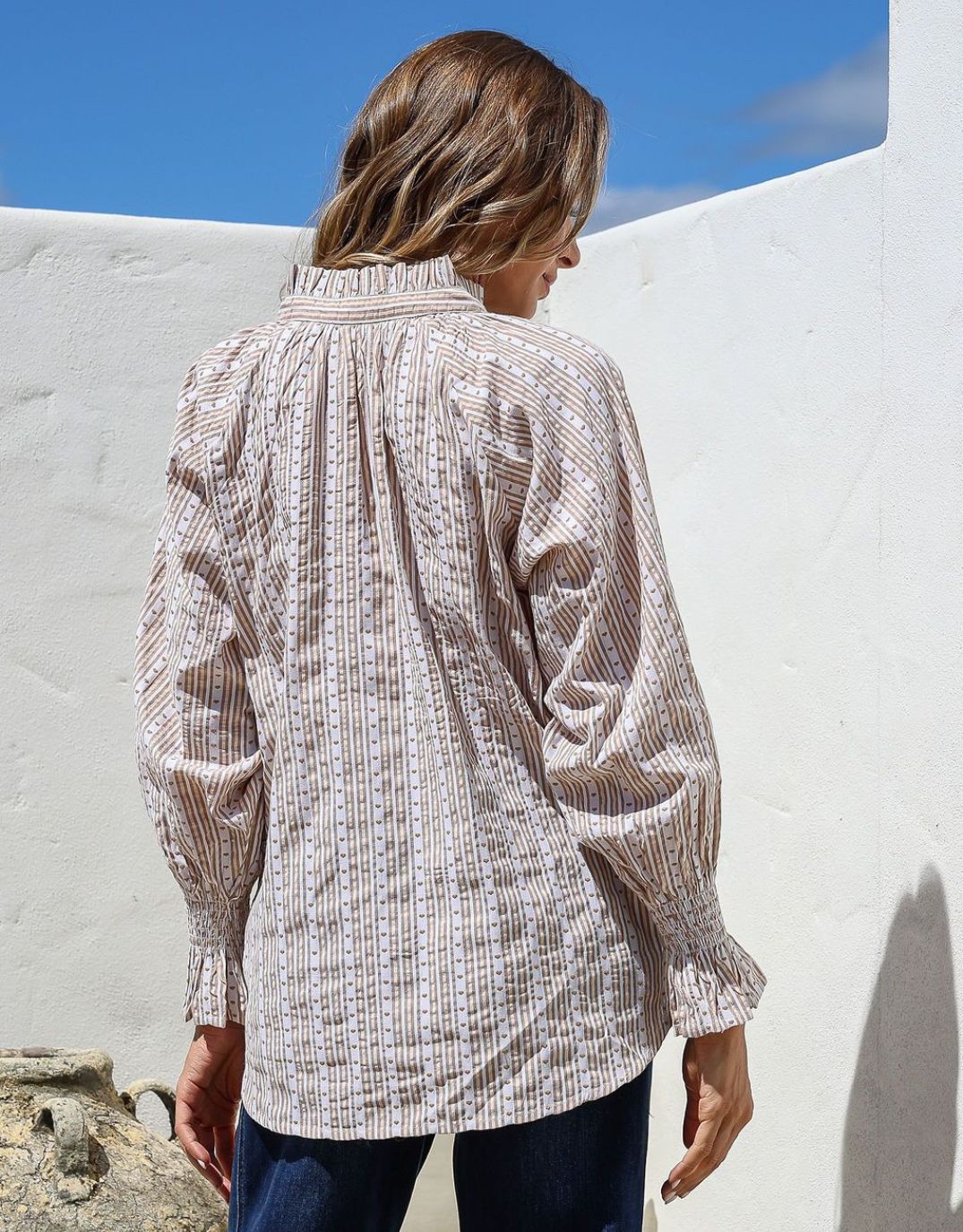 132 Fashion Mila Heart Stripe Blouse (Latte/White)