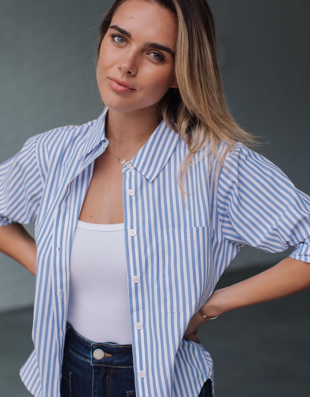 132 Fashion Romi Roll Tab Shirt (Blue/White)