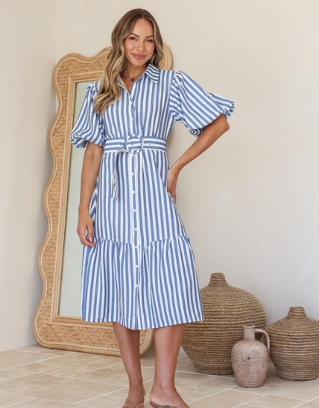 132 Fashion Sabine Stripe Belted Dress (Blue/White)