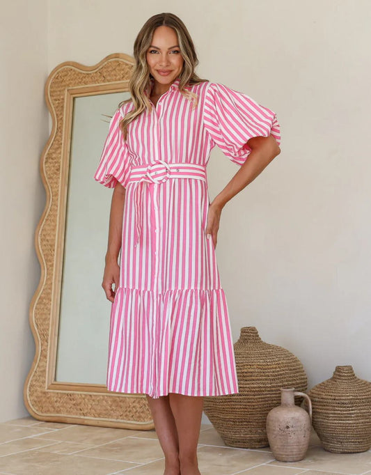 Sabine Stripe Belted Dress - (Pink/White)
