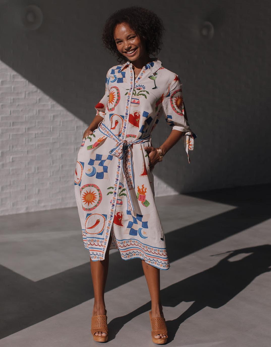 132 Fashion Spicy Margarita Tie Shirt Dress (White/Red/Cobalt Multi)