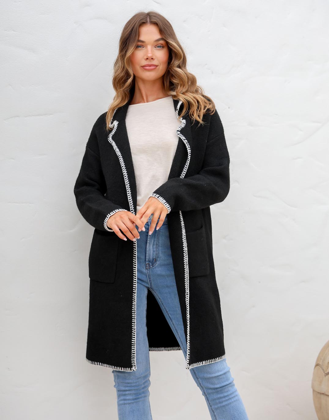 132 Fashion Noa Blanket Stitch Coatigan (Black)