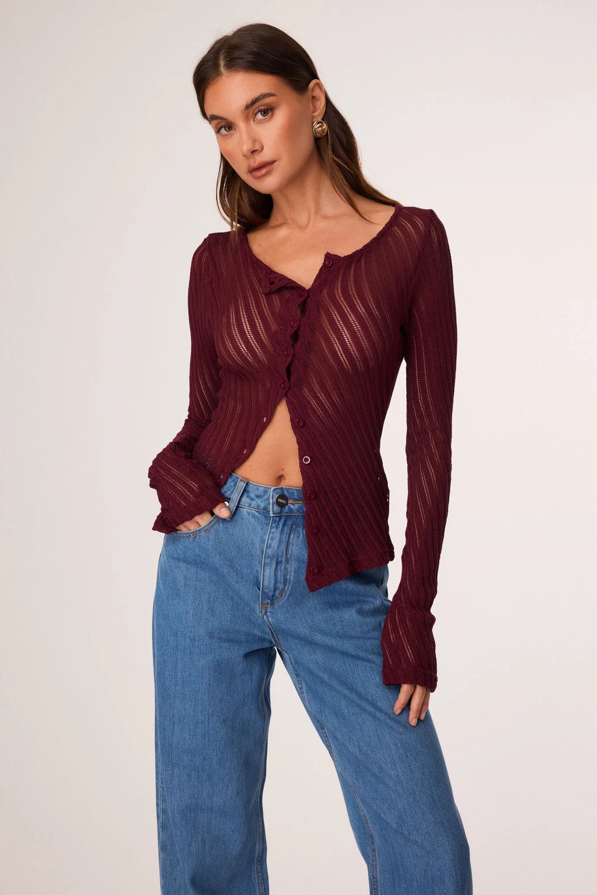 Image of Cardigans. Productname: SNDYS NORAH CARDIGAN in Cherry colour by brand - SNDYS