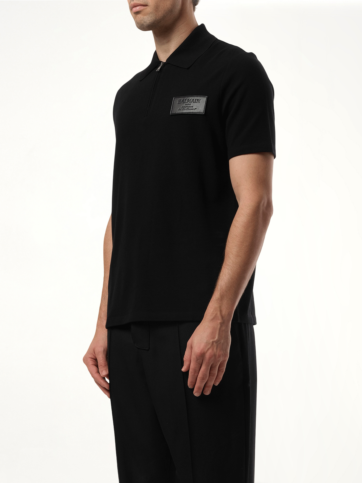BALMAIN Small Leather Couture Label Zipped Polo (Black)