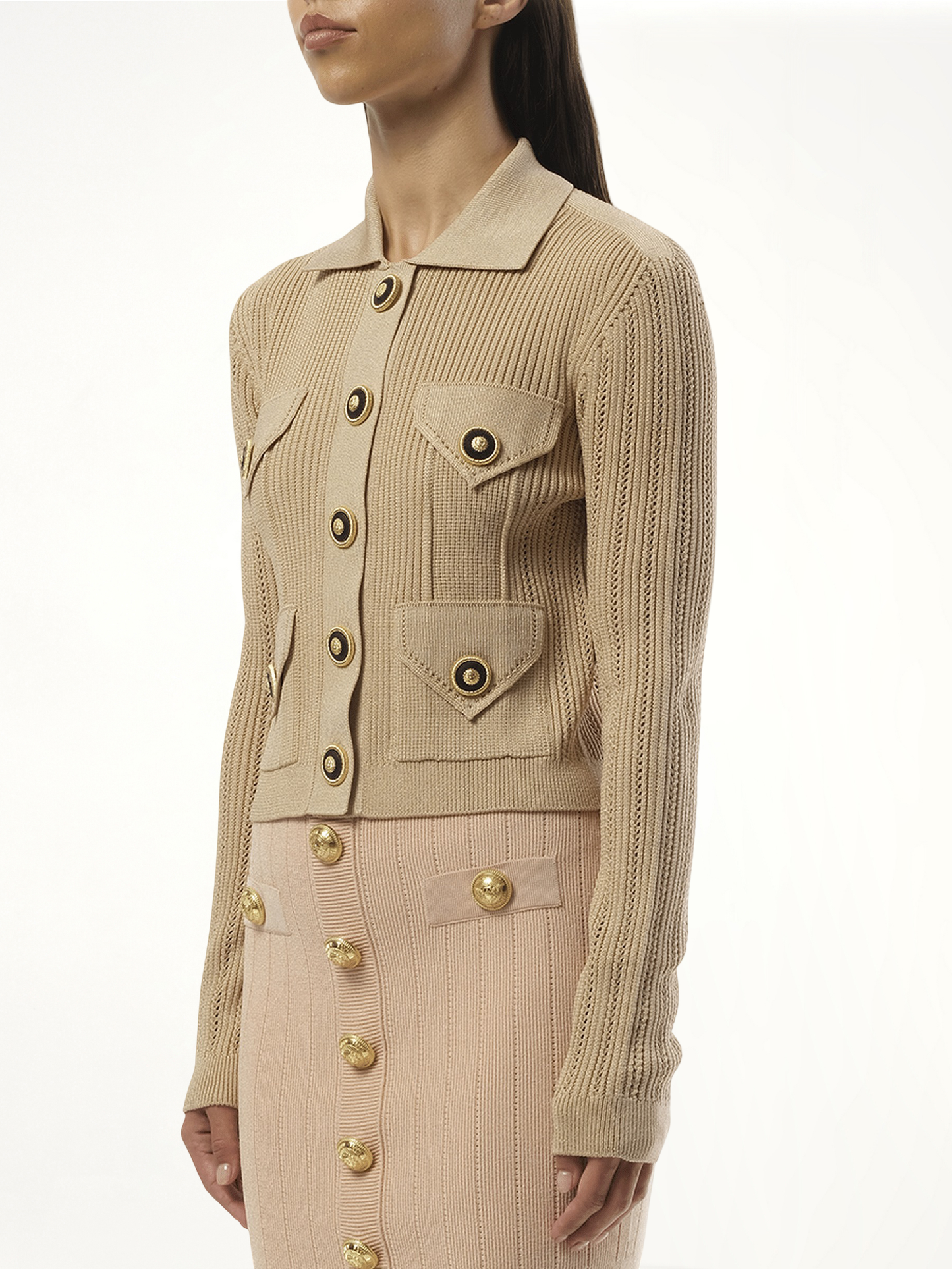 BALMAIN 4 Pockets Buttoned Ribbed Knit Cardigan (Pink)