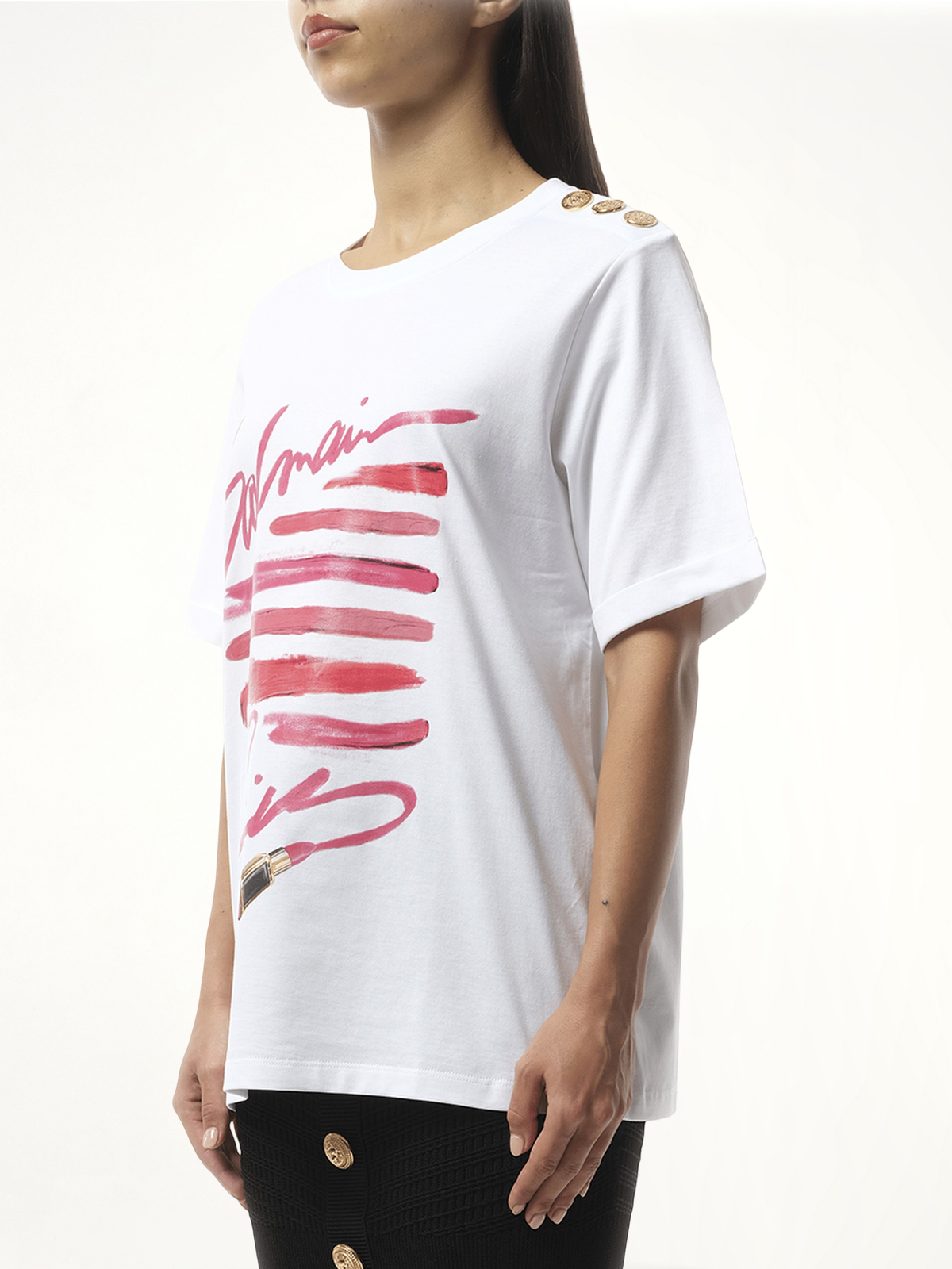 3 Btn Balmain Lipstick Print T-Shirt (White)