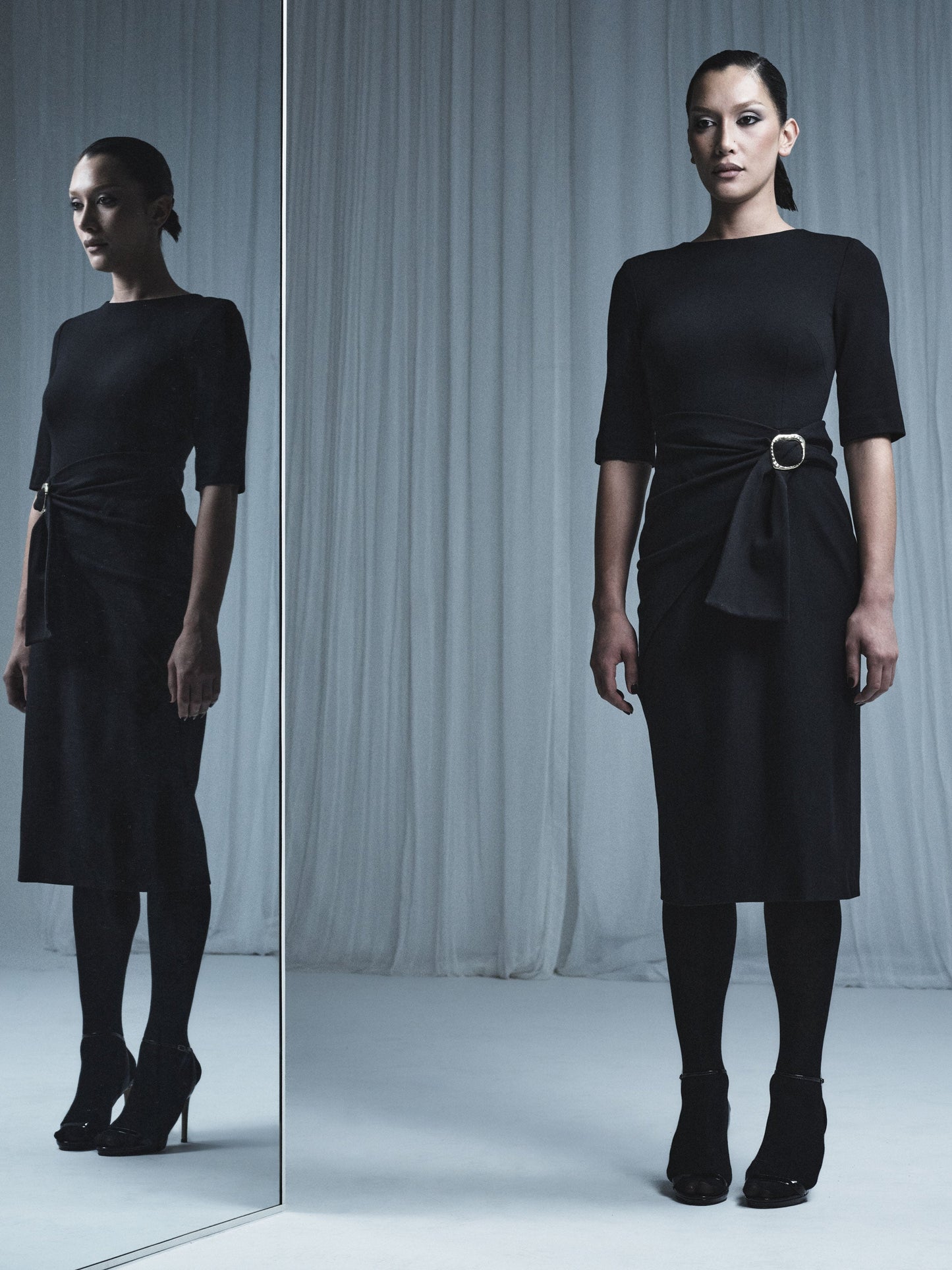 Carla Zampatti Ponte Overlay Wrap Dress (Black)