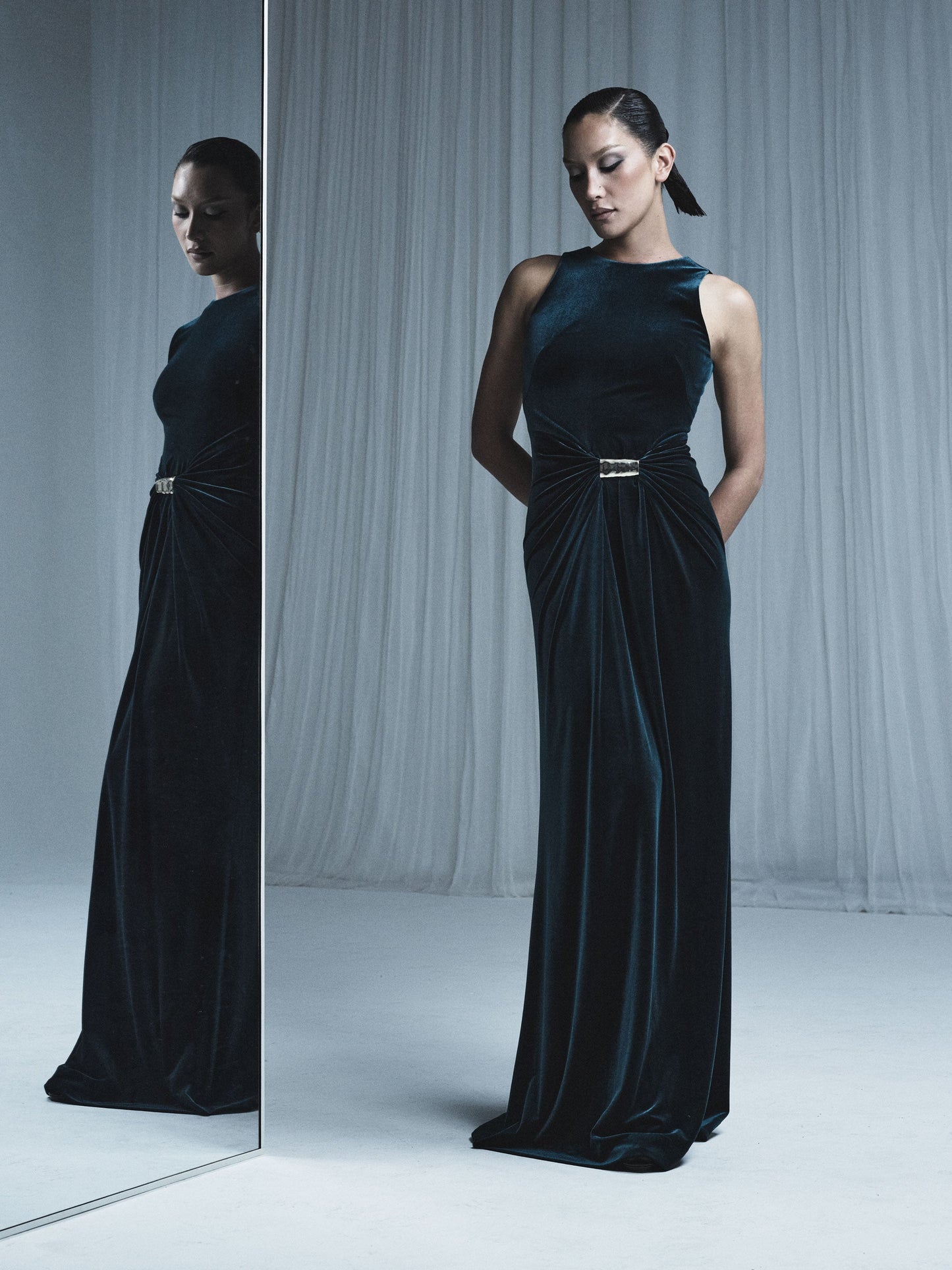 Carla Zampatti Hunter Velvet Gold Detail Maxi Dress (Green)