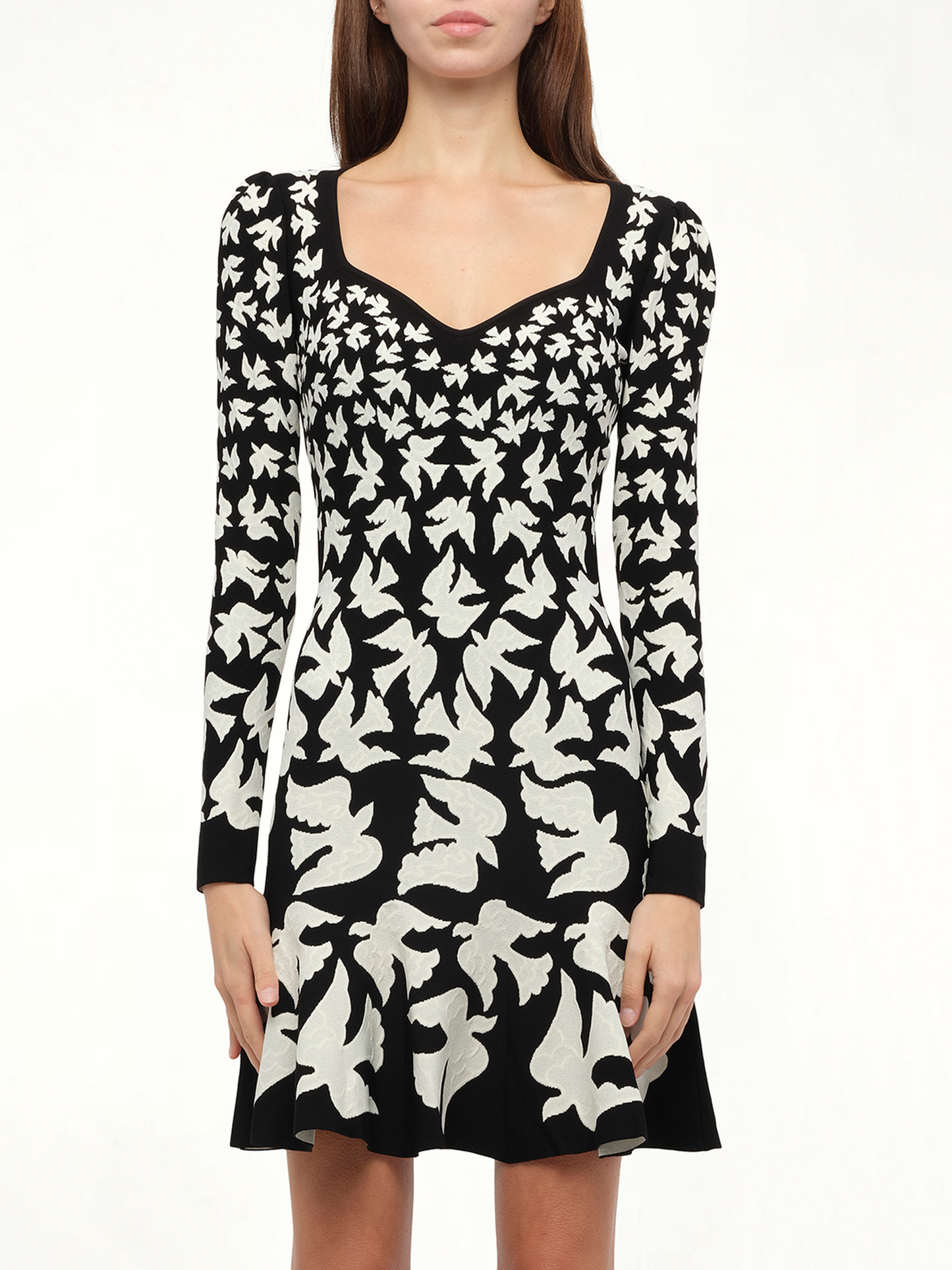 Image of a model wearing Dress. Productname: ALEXANDER MCQUEEN Knit Dress Birds in Black White colour by brand - ALEXANDER MCQUEEN