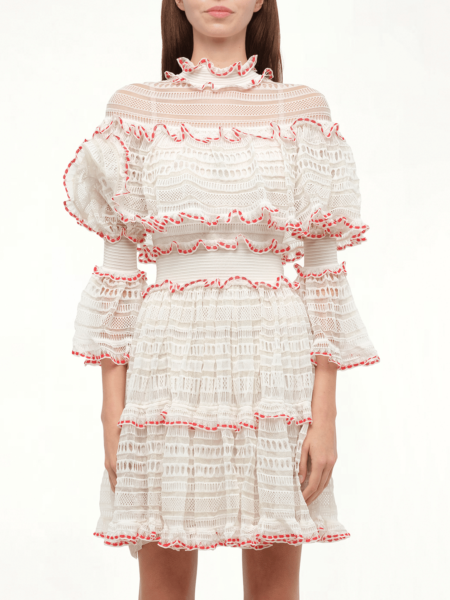 Image of Dresses. Product name - AMQ Volume Lace Mini Dress in White colour by brand - ALEXANDER MCQUEEN