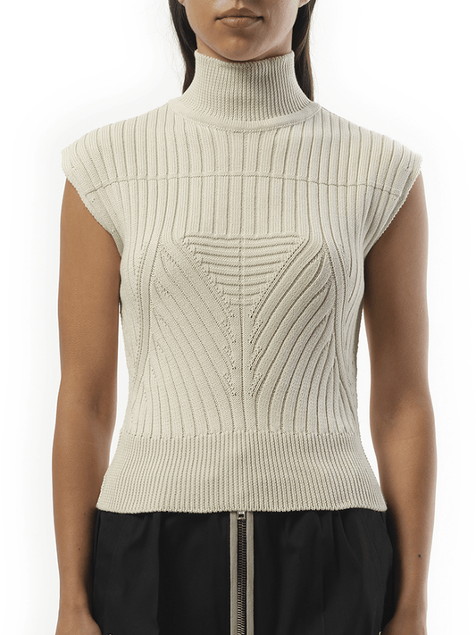 Image of a model wearing Tops. Productname: RICK OWENS Megarib Sleeveless Turtle in Dinge colour by brand - RICK OWENS