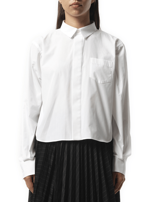 Image of a model wearing Tops. Productname: SACAI Poplin Flap Shirt in Off White colour by brand - SACAI