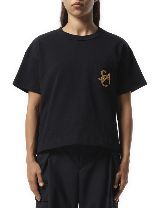 Image of a model wearing Tops. Productname: SACAI Emblem Cotton Jersey T-Shirt in NAVY colour by brand - SACAI