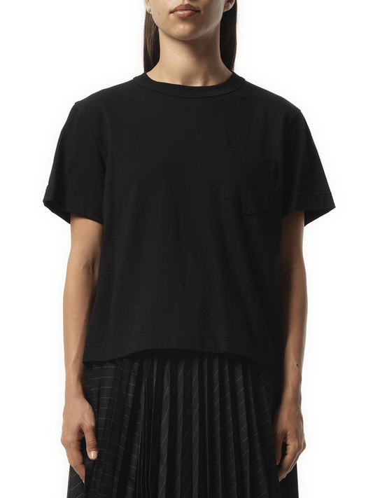 Image of a model wearing Tops. Productname: SACAI Satin x Cotton Jersey T-Shirt in BLACK colour by brand - SACAI