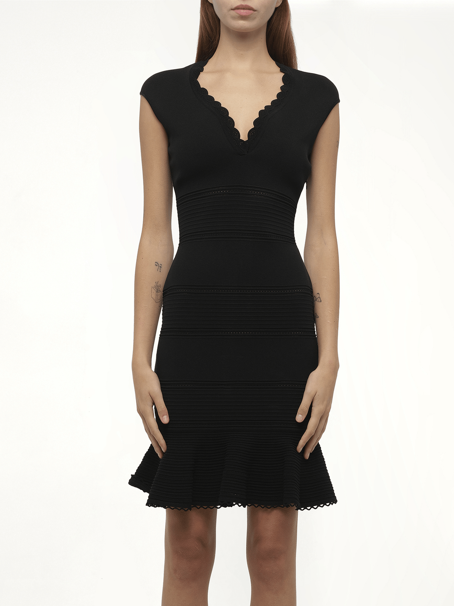 Image of Dresses. Product name - Amq Cap Slv Peplum Dress in Black colour by brand - ALEXANDER MCQUEEN