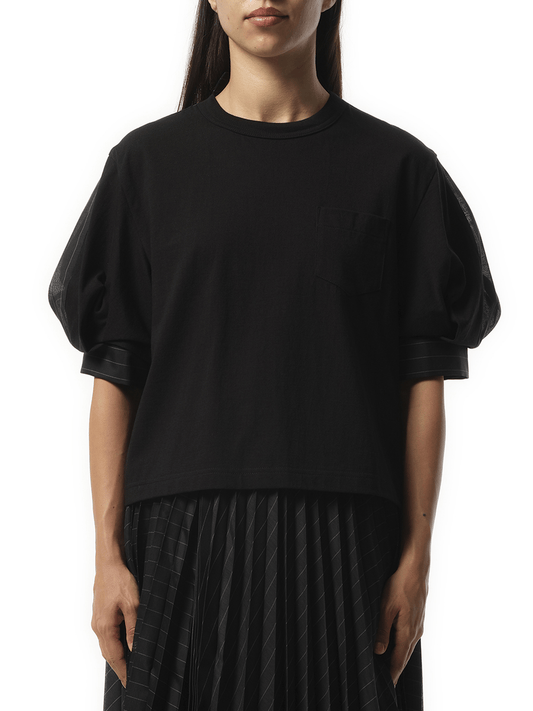 Image of a model wearing Tops. Productname: SACAI Spun Organza x Cotton Jersey T-Shirt in BLACK colour by brand - SACAI