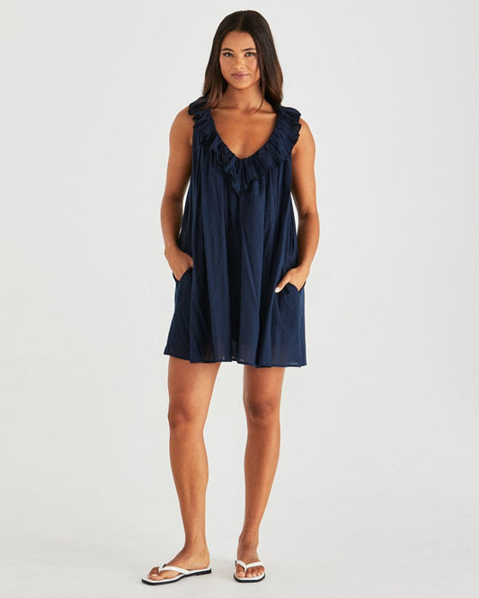Sass Clothing Belen Ruffled Neck Mini Dress (Navy)