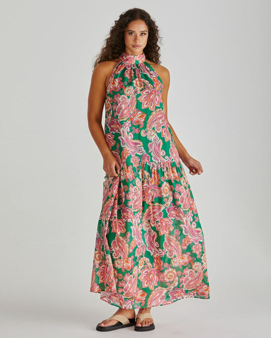Sass Clothing Malia Halter Dress (Pink Green Paisley)