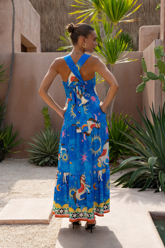 Heychic Philippa Abstract Tiered Midi Dress (Blue)