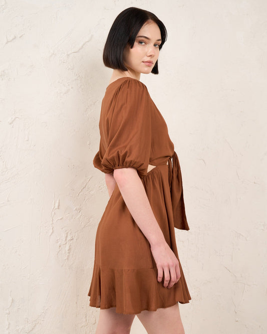 HEYCHIC Maliyah Tie Front Mini Dress (Brown)