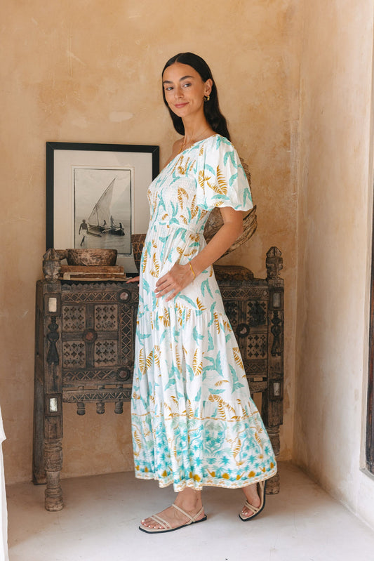 Heychic Wisteria Tropical Boho One Shoulder Midi Dress (Blue)