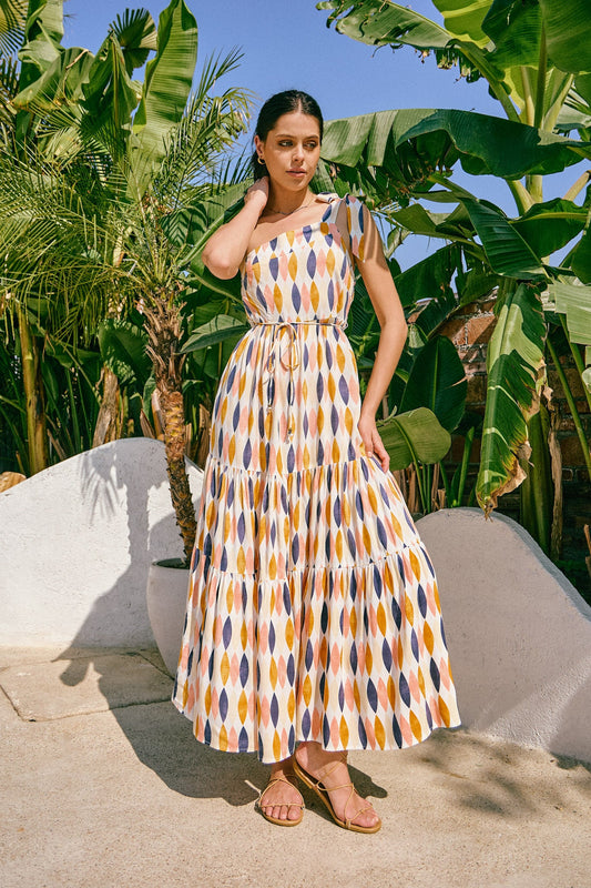 Heychic Witten Orange Geometric One Shoulder Tie Maxi Dress (Blue)