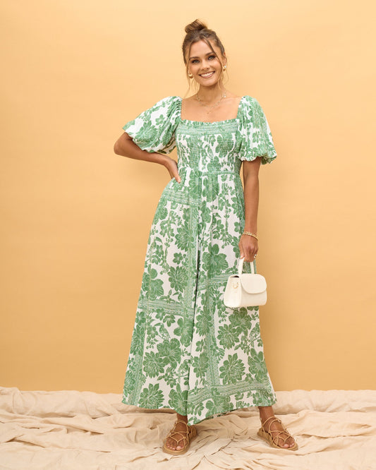 Heychic Viridiana Green Puff Sleeve Jumpsuit (Floral)