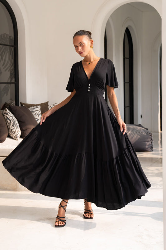 Heychic Lea V-Neck Midi Dress (Black)