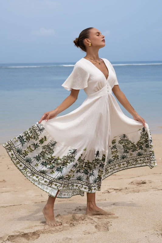 Heychic Sabina Tropical V-Neck Midi Dress (Green)