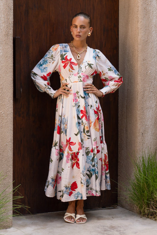 Heychic Joyce Multicolour Long Sleeve V-Neck Maxi Dress (Floral)