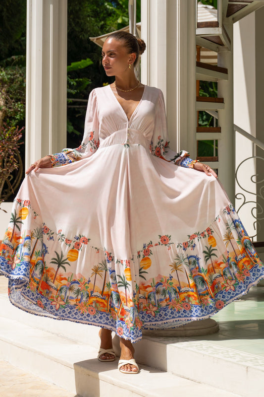 Heychic Zoraida Multicolour Tropical Long Sleeve V-Neck Maxi Dress (Multi)