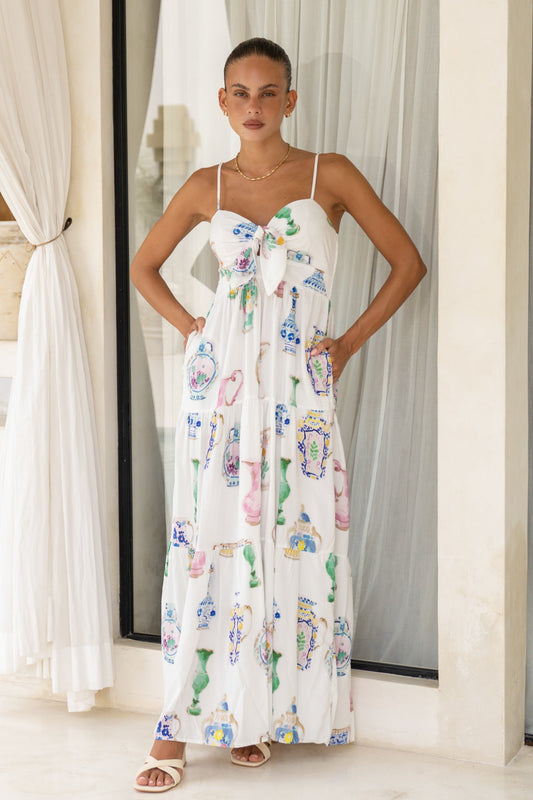 Heychic Elysiana Multicolour Abstract Tie Detail Tiered Maxi Dress (Multi)